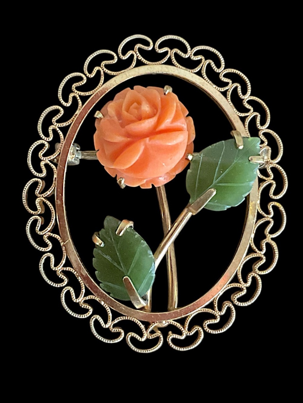 Krementz Carved Coral and Jade Rose Flower Filigree Brooch